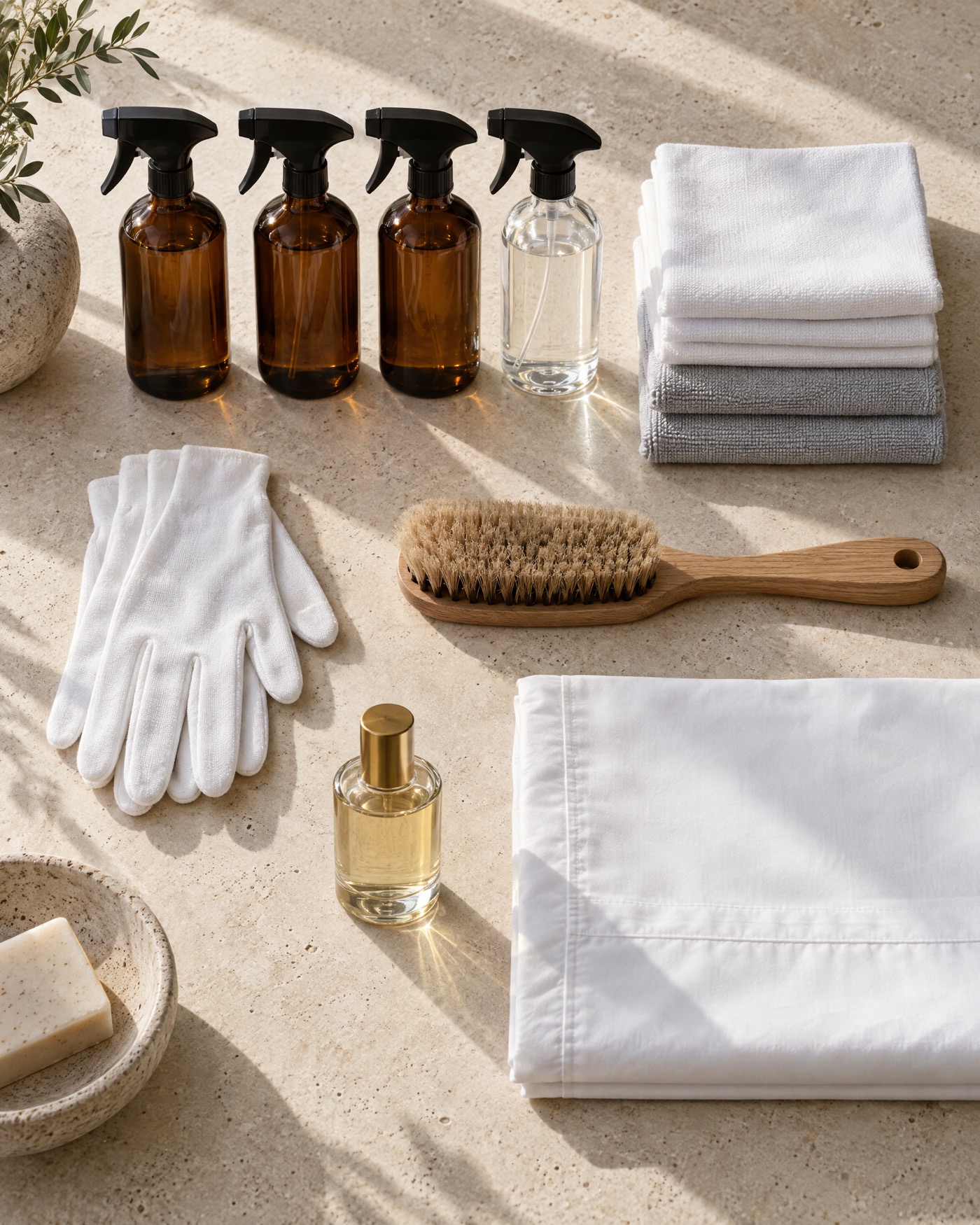 A precise flat lay of glass bottles, folded cloths, white gloves and an oak brush on limestone