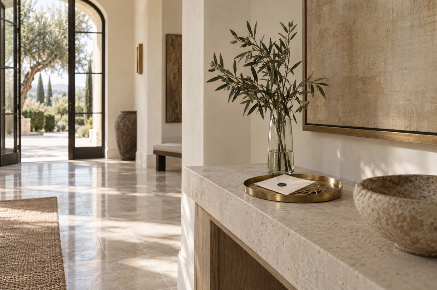 A sunlit entry foyer with keys and a sealed note on a brass tray