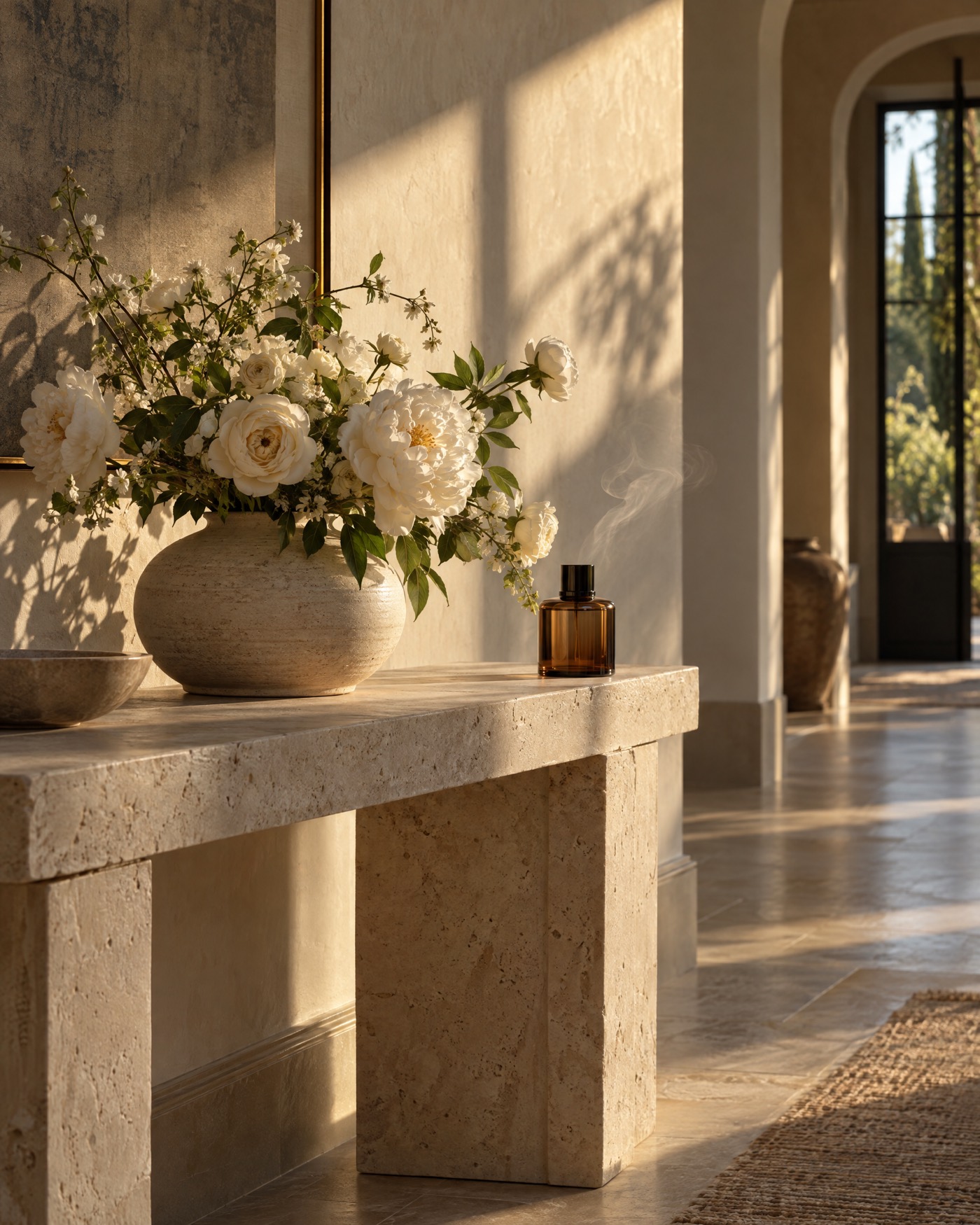 White peonies and garden roses beside an amber fragrance bottle on a limestone console