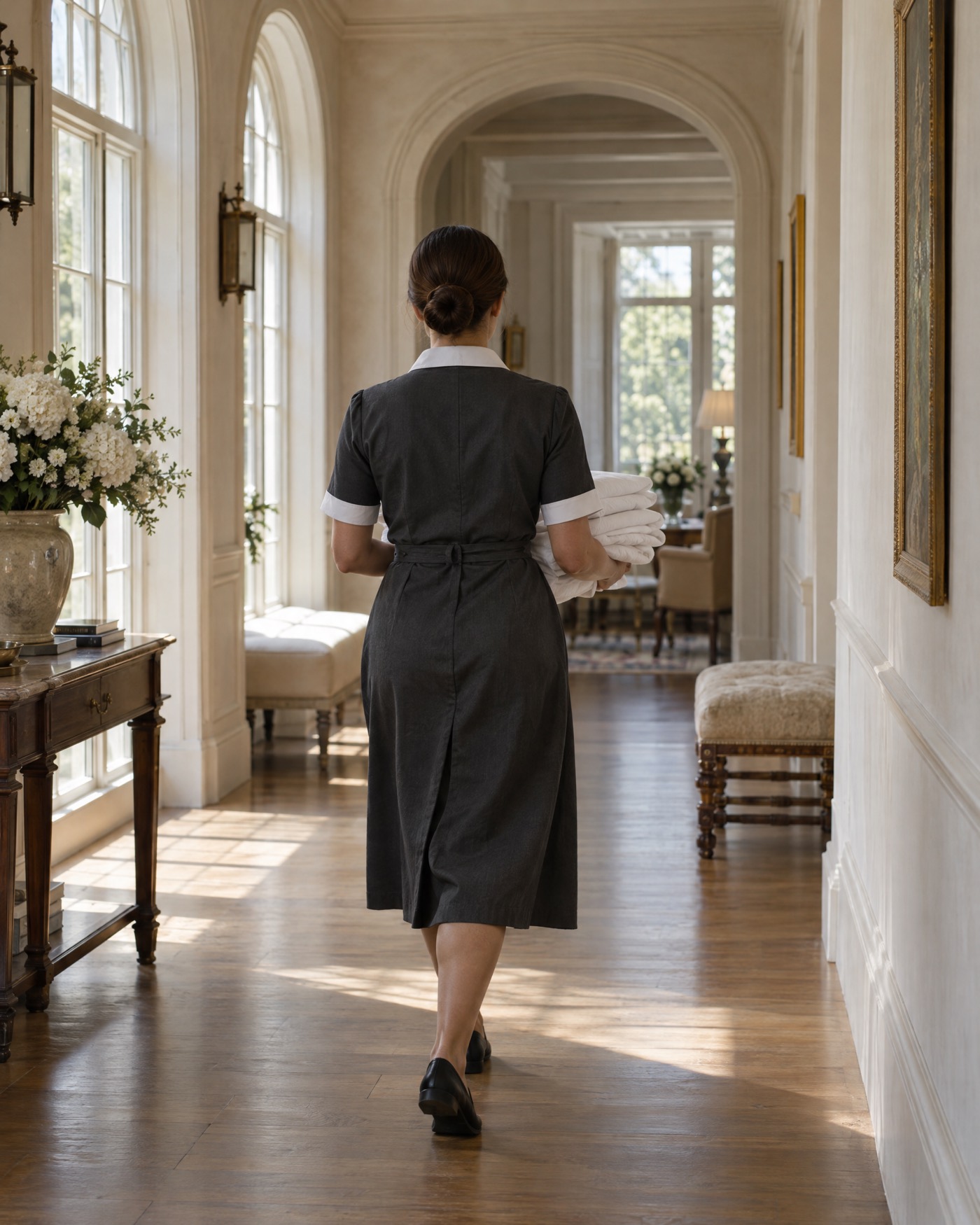 A housekeeper in a tailored uniform carrying pressed linens down a sunlit hallway