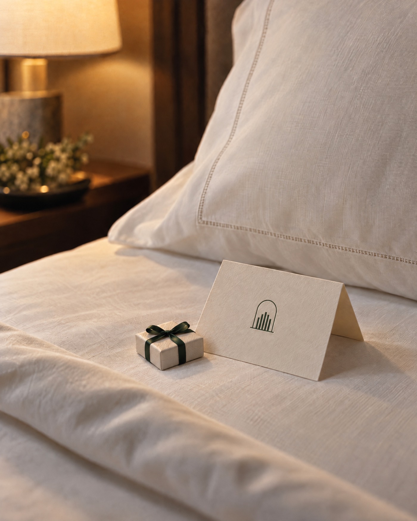 A small ribboned box and a Palisade House card on a pressed pillowcase